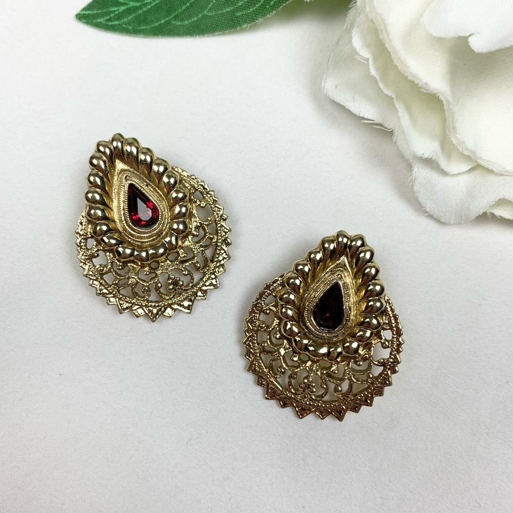 Vintage Gold Red Stone Chandelier Concho Earrings